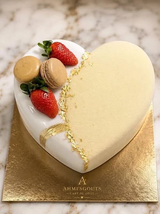 Entremets cœur au glaçage ivoire et feuille d'or — Gift & ENTREMETS, Cotonou